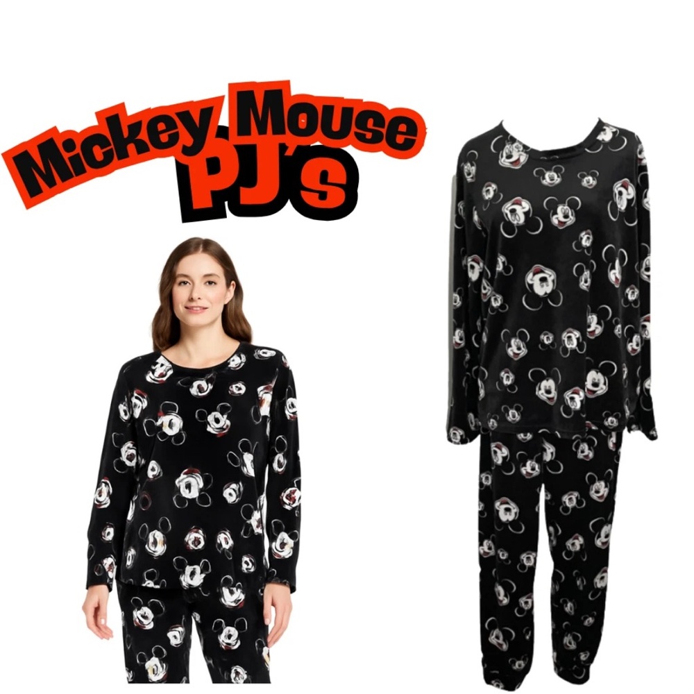 Disney Mickey Mouse Fleece Pajama Set Black Loungewear - Large - Picture 1 of 8